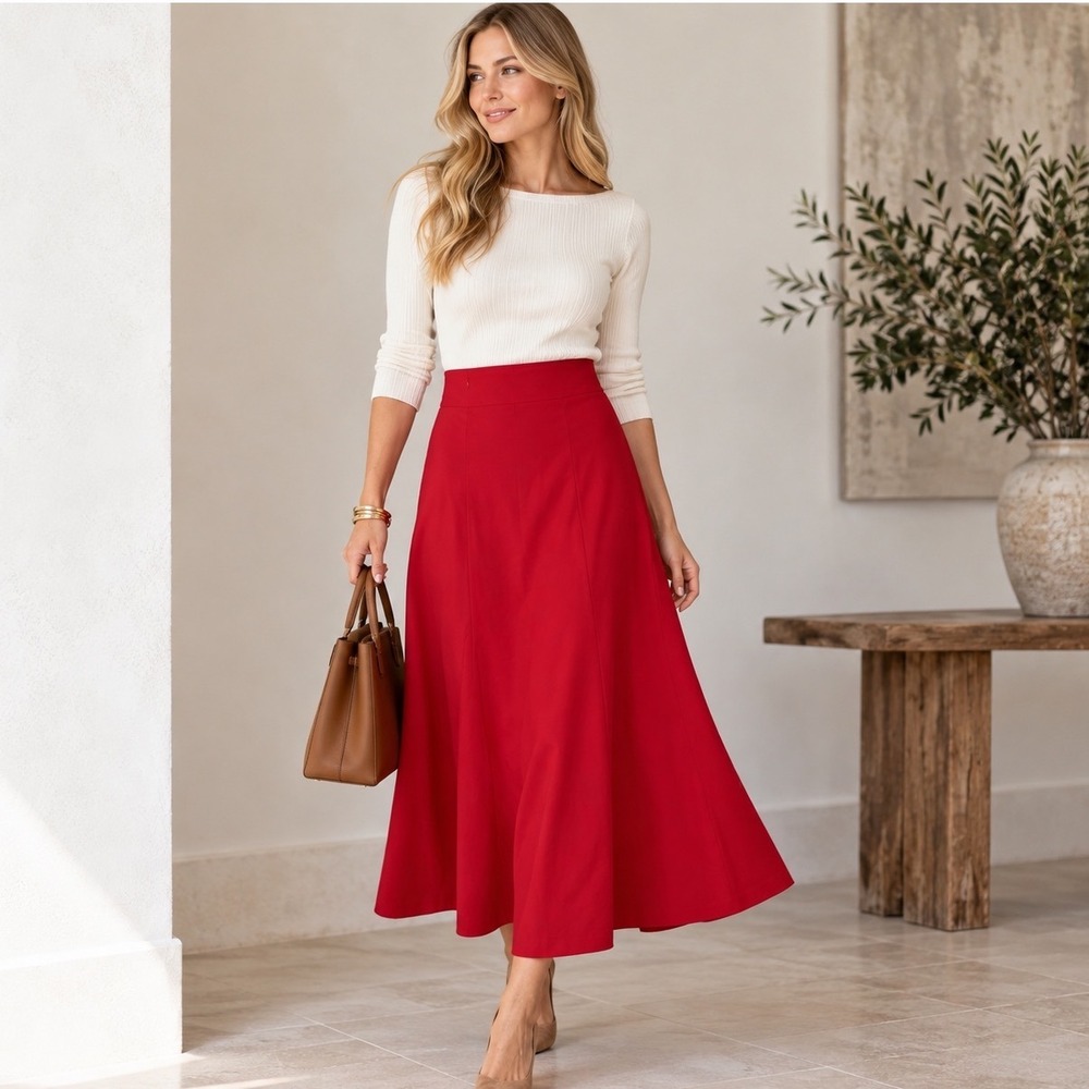 Talbots Italian Wool Midi Skirt Womens Size 6 Red Classic Luxury Holiday Chic